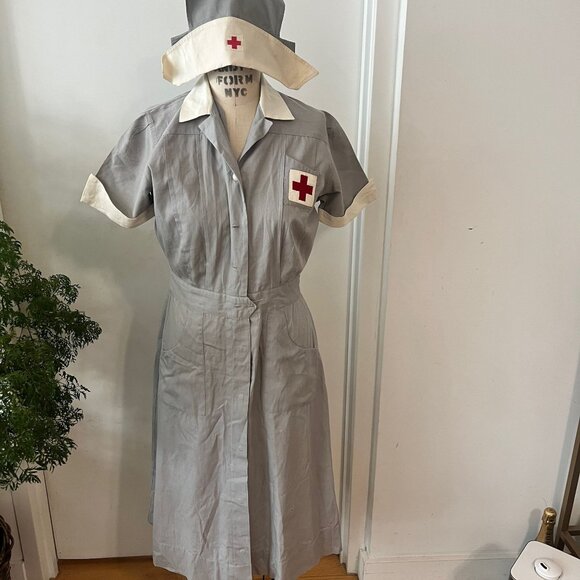 WWII VINTAGE 40s AMERICAN RED CROSS UNIFORM VOLUNTEER NURSE MILITARY DRESS & HAT - Picture 1 of 11